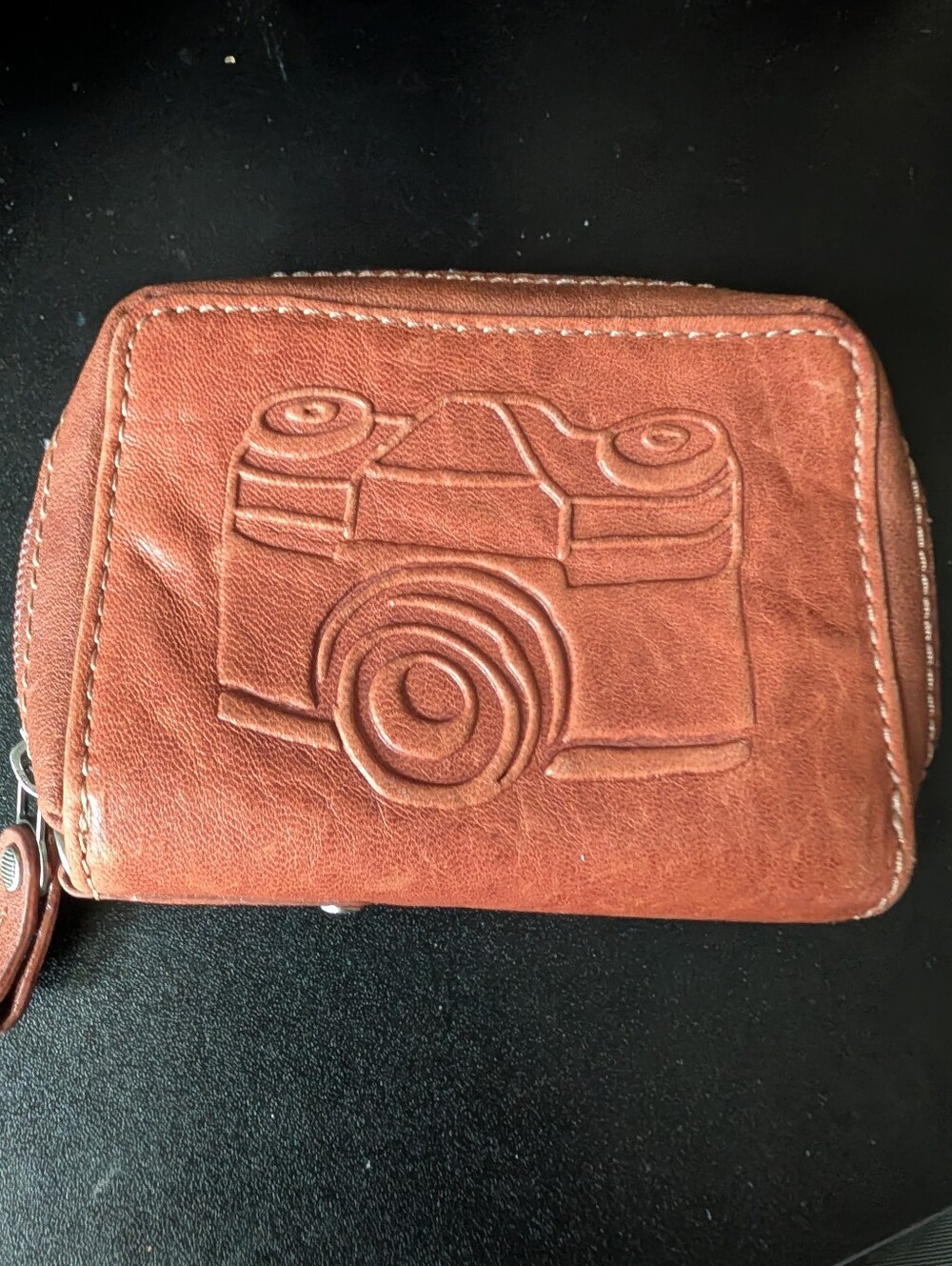 Fossil Vintage Leather Camera Embossed Zip Coin Wallet - Brown